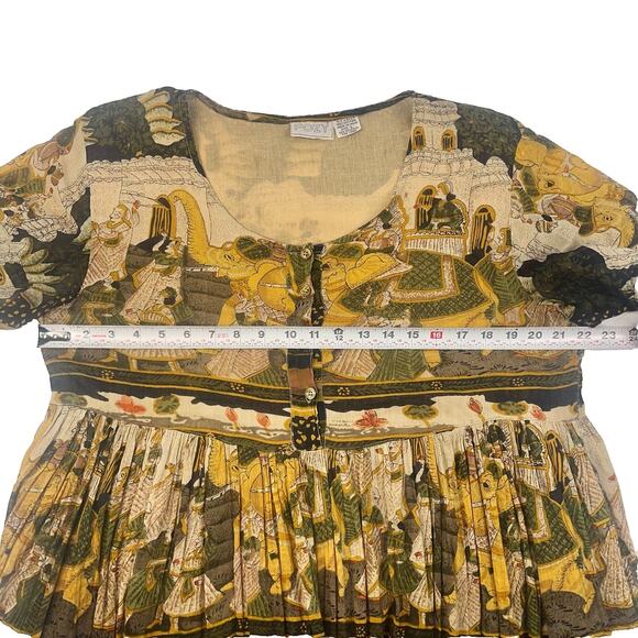 Vintage 80s Boho Cotton Dress Semi Sheer Elephant Print India Size Large - Picture 10 of 12